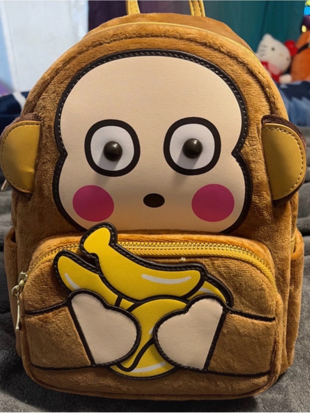 Sanrio Brown Monkey Kids Backpack with Yellow Banana Accent